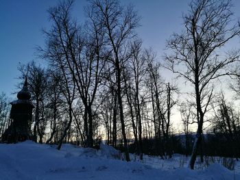 Bare trees on snow covered landscape