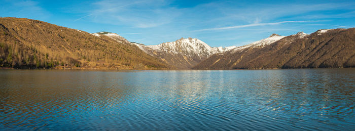 Scenic view of lake by mountains against sky