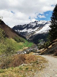 Scenic view of snowcapped mountains against sky