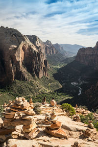 Stack of stones against rocky landscape