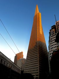 Low angle view of modern buildings against clear sky