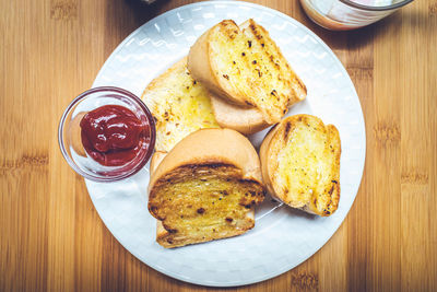 High angle view of breakfast served on table