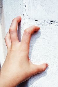 Cropped image of person hand against white wall