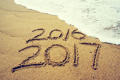 Close-up of text written on sand at beach