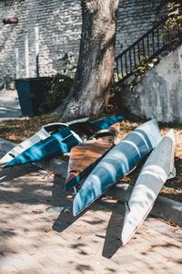 High angle view of clothes hanging on tree trunk