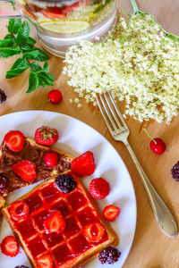 High angle view of dessert in plate on table