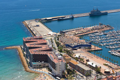 High angle view of sea by buildings in city