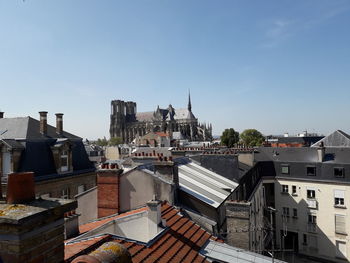 High angle view of buildings against sky