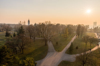 High angle view of park during sunset