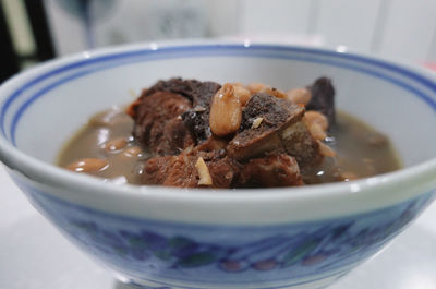 Close-up of soup in bowl on table