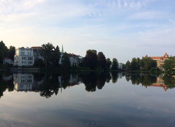 Reflection of trees in lake against sky in city