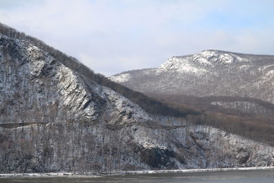 Close-up of snow on mountain against sky