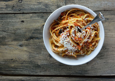 High angle view of noodles in bowl on table