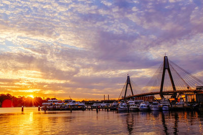 Boats in harbor at sunset