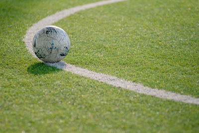 High angle view of soccer ball on field