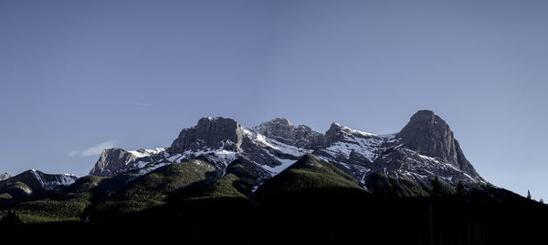 Low angle view of snowcapped mountains against clear sky