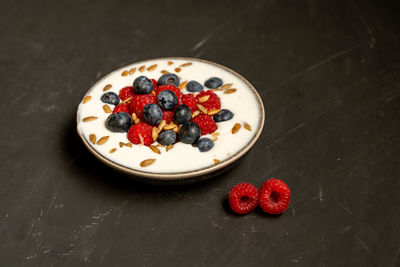 High angle view of strawberries in bowl on table