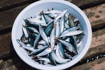 High angle view of fish in bowl on wooden table