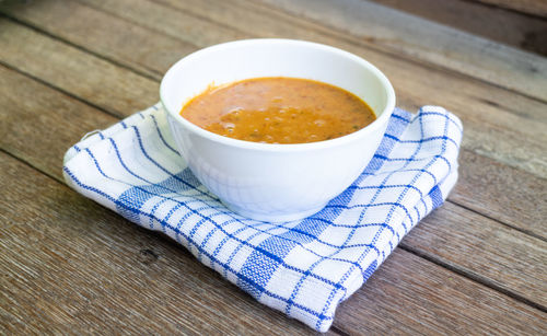 High angle view of soup in bowl on table