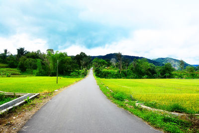 Empty road amidst field against sky