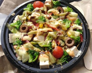 High angle view of salad in bowl on table