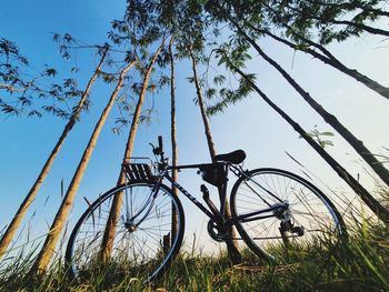 Low angle view of bicycle on field against sky