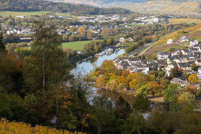 High angle view of townscape and trees during autumn