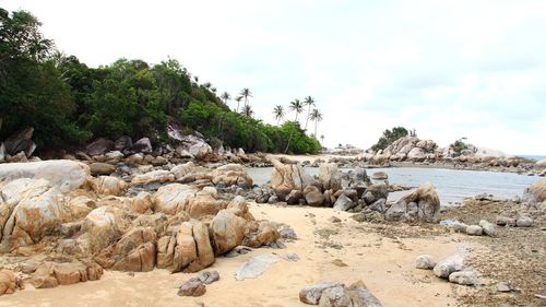 Rocks on beach against sky