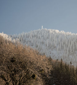 Scenic view of snow covered land against clear sky