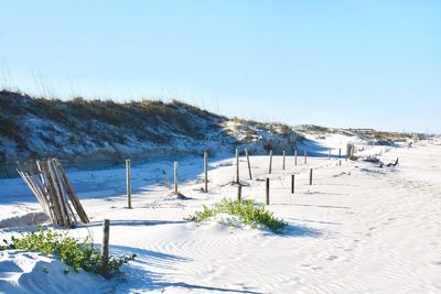 High angle view of beach against clear blue sky