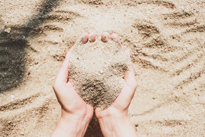 Close-up of hand holding heart shape on sand