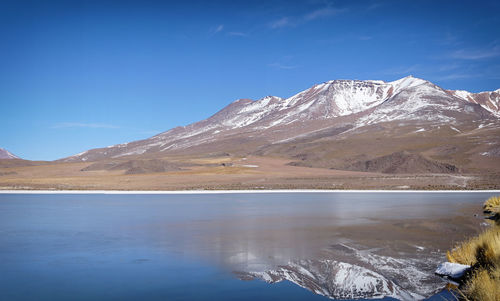 Scenic view of lake and mountains against blue sky