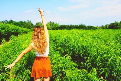 Rear view of young woman standing in field