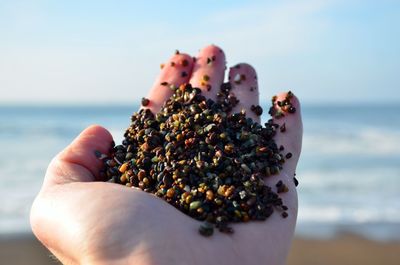 Close-up of hand holding sea against sky