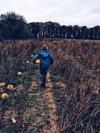 Rear view of person walking on field