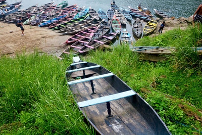 High angle view of ship moored at shore