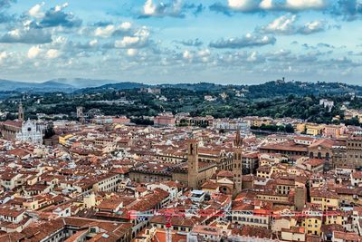 High angle shot of townscape against sky