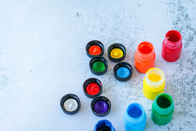 High angle view of multi colored pencils on table
