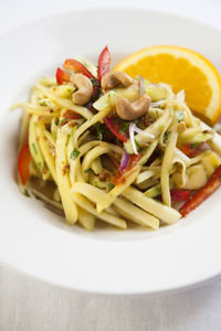 High angle view of pasta in plate on table