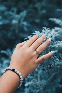 Cropped hand of woman touching plant