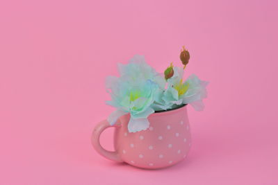 Close-up of pink rose flower on table