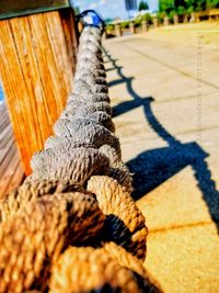 High angle view of ropes on wood