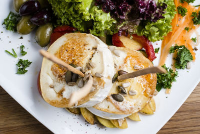 High angle view of breakfast served on table