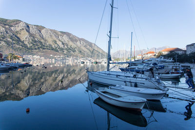 Sailboats moored at harbor against clear sky