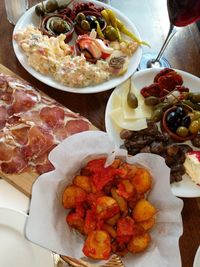 High angle view of food served on table