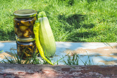 Water in jar on grass