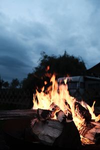 Bonfire on wooden log against sky