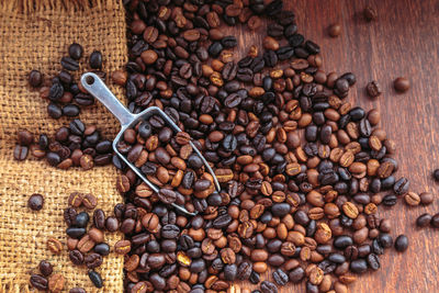 High angle view of coffee beans on table