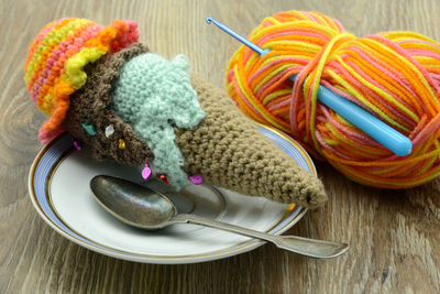 Close-up of woolen ice cream in plate