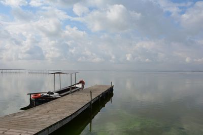 Boat on lake against sky